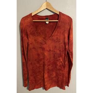 Vintage Womens Top Large Red Burnout Stretch Lightweight Long Sleeve Boho Y2K